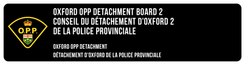 Oxford O.P.P. Detachment Board Logo which includes the official OPP Shoulder Flash on the left, name of the Board in both official languages (English and French) with white lettering on a black background using Bebas Neuse Book font.